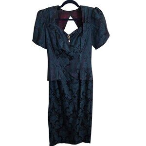 Scott Mcclintock Vintage 80s Green Brocade Midi Dress Size 8